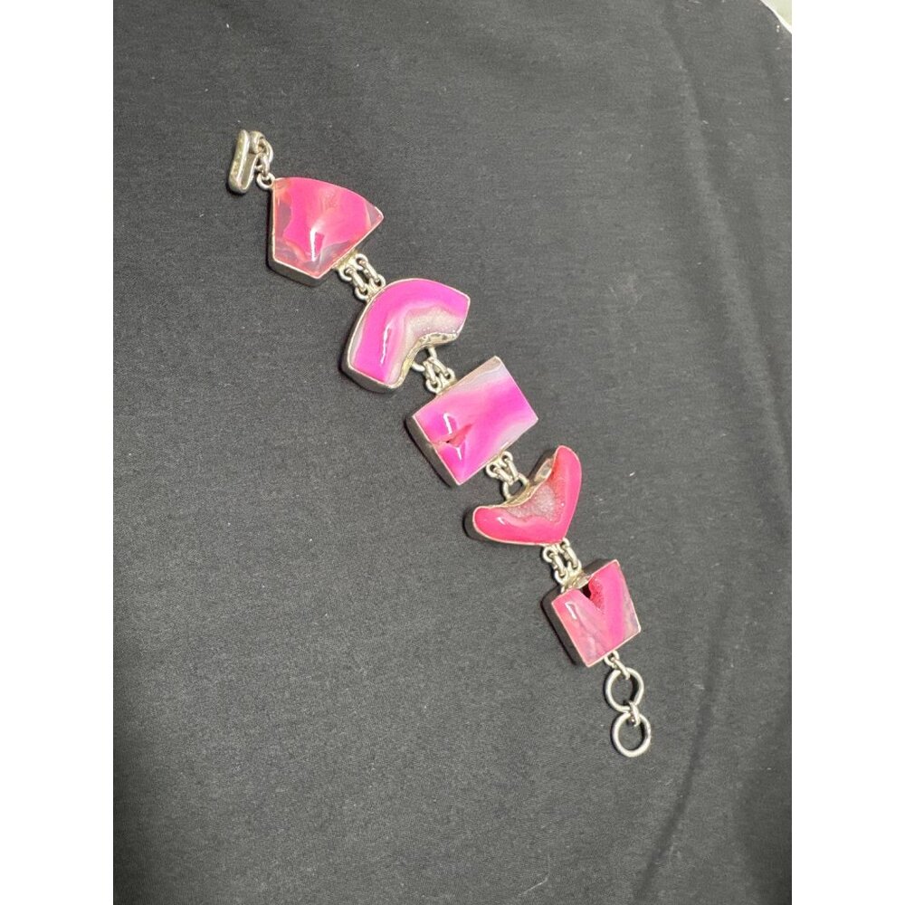Pink Agate & Sterling Silver Geometric Link Bracelet 7.5" Handmade Jewelry Women